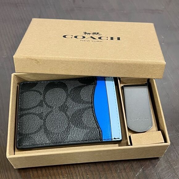 COACH monogram canvas money clip 5 card slot slim wallet NIB - Picture 1 of 7